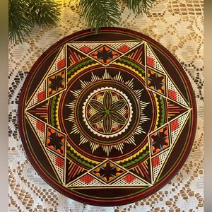 💛Vintage Hand-Carved Hutsul Wood Plate Ukrainian Folk Art (7.5”)  1970s/80s🇺🇦🌼